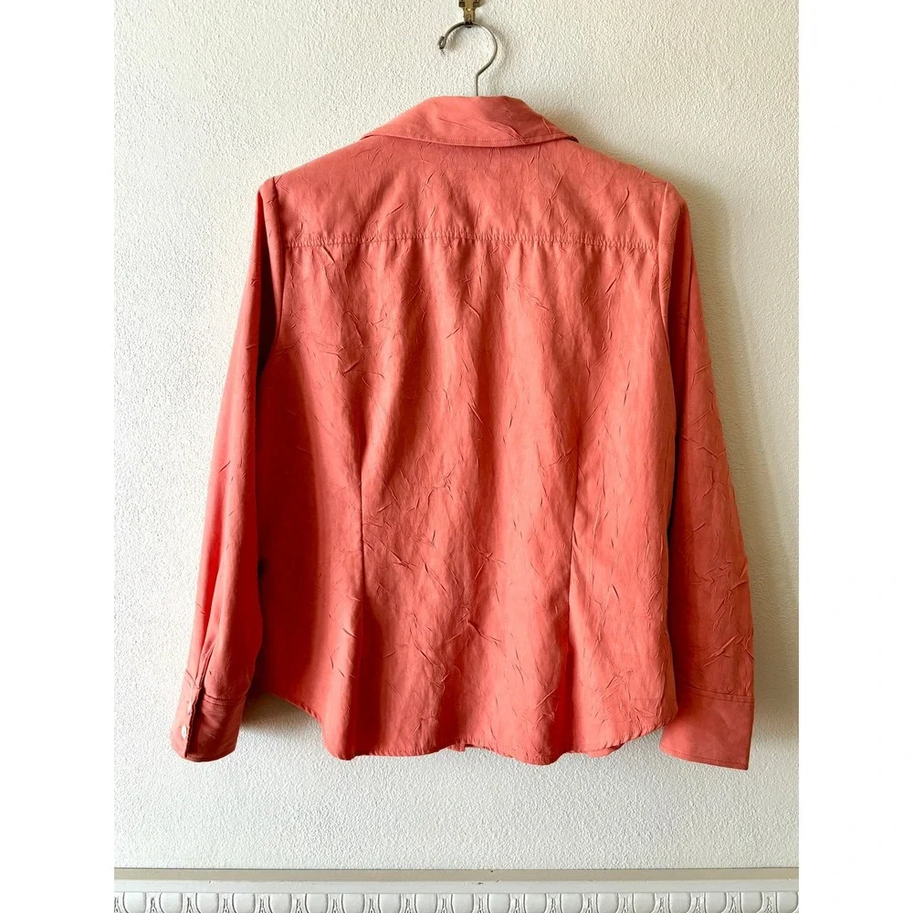 Coldwater Creek Coral Orange Crinkle Texture Button Up Top Women's Petite M Chic